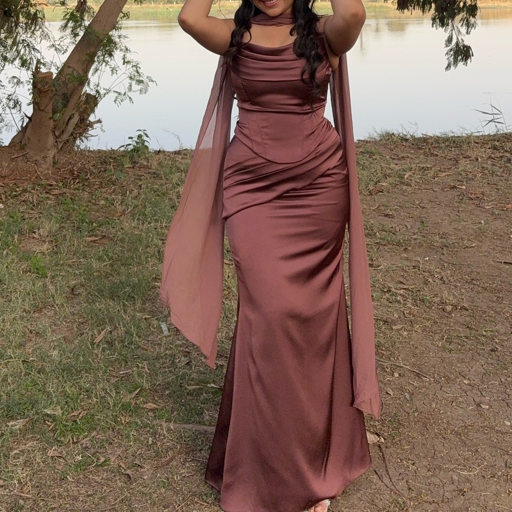 Azazie Strapless Satin Column Gown in Chocolate Brown - Picture 6 of 8